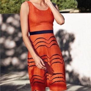 Boden Summer 100% Linen Dress. Lovely 🍊with embroidered navy dots. Lined.